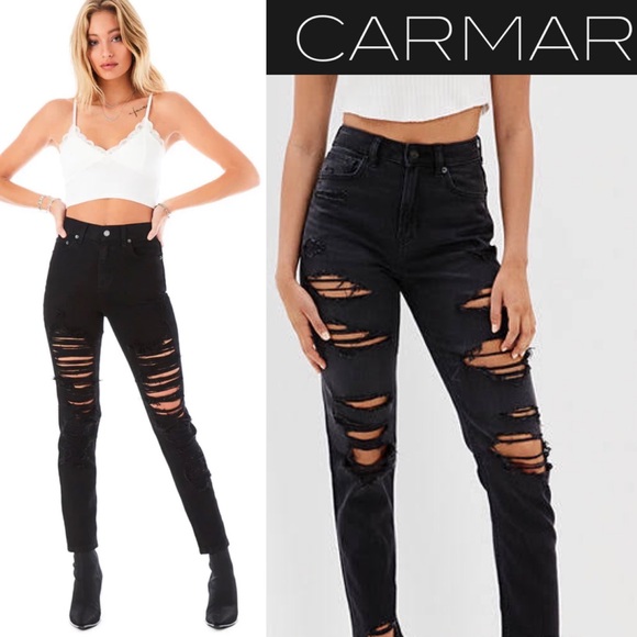 CARMAR Black Shredded Jeans Ripped Heavily Distressed Denim High Rise Raw Hem 27 - Picture 1 of 16
